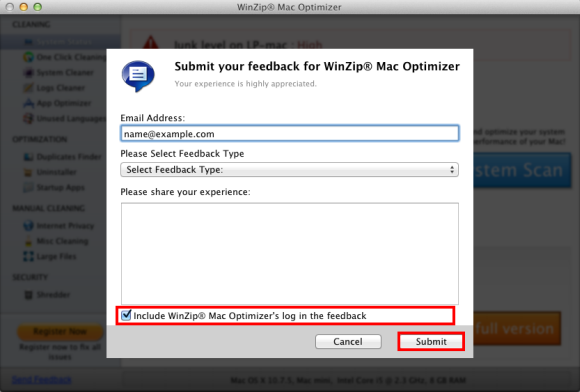 Check 'Include WinZip Mac Optimizer's log...' and click submit button.