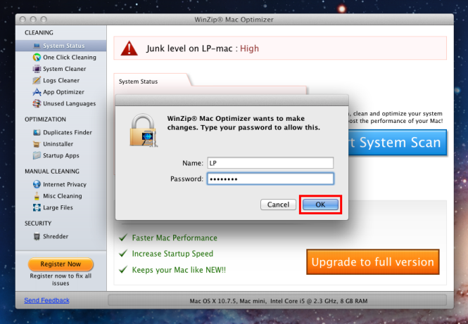 Enter your Mac credentials and click the OK button.